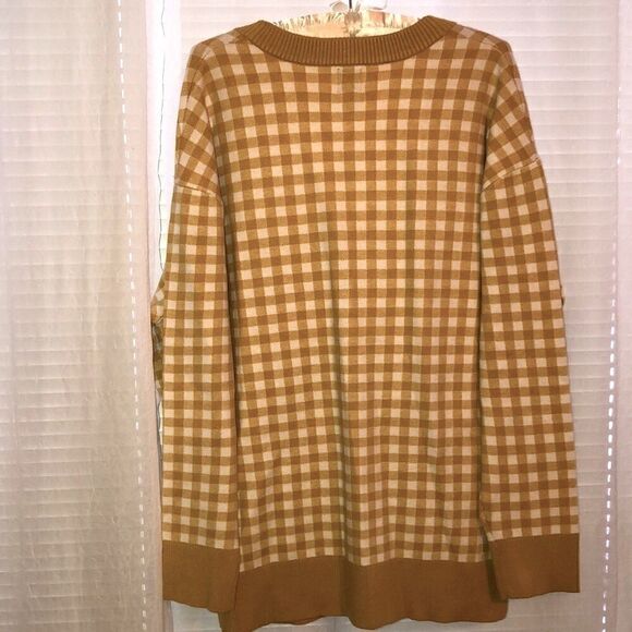 joie L XL Gold White Gingham Boyfriend Cardigan Gold Button Down Pockets - Picture 4 of 11